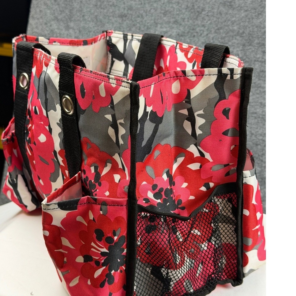 Thirty-One Zip-Top Organizing Utility Tote Red Grey Floral Multi Pocket Bag - Picture 6 of 9
